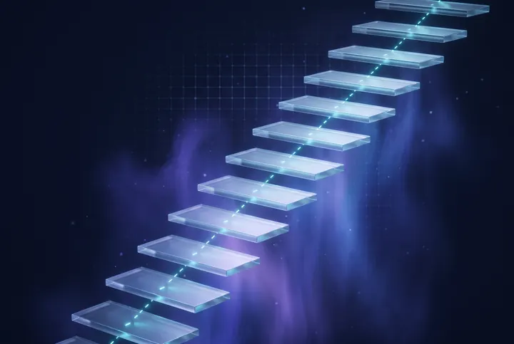 A diagonal ascending staircase of glass platforms joined by a dashed cyan light path